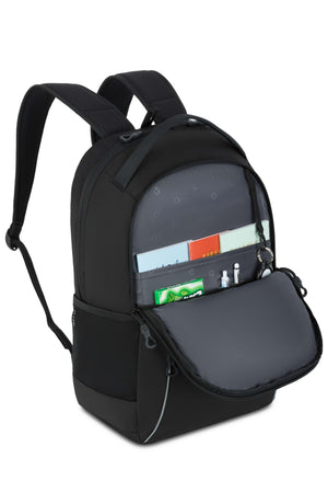 SWISSGEAR 1039 16 inch Laptop Backpack - Black Middle compartment integrates an organizer with a key/fob clip, dual elastic mesh pockets, elastic loops for pens or memory sticks, plus a large slip-in pocket for files, folders, or a notebook.