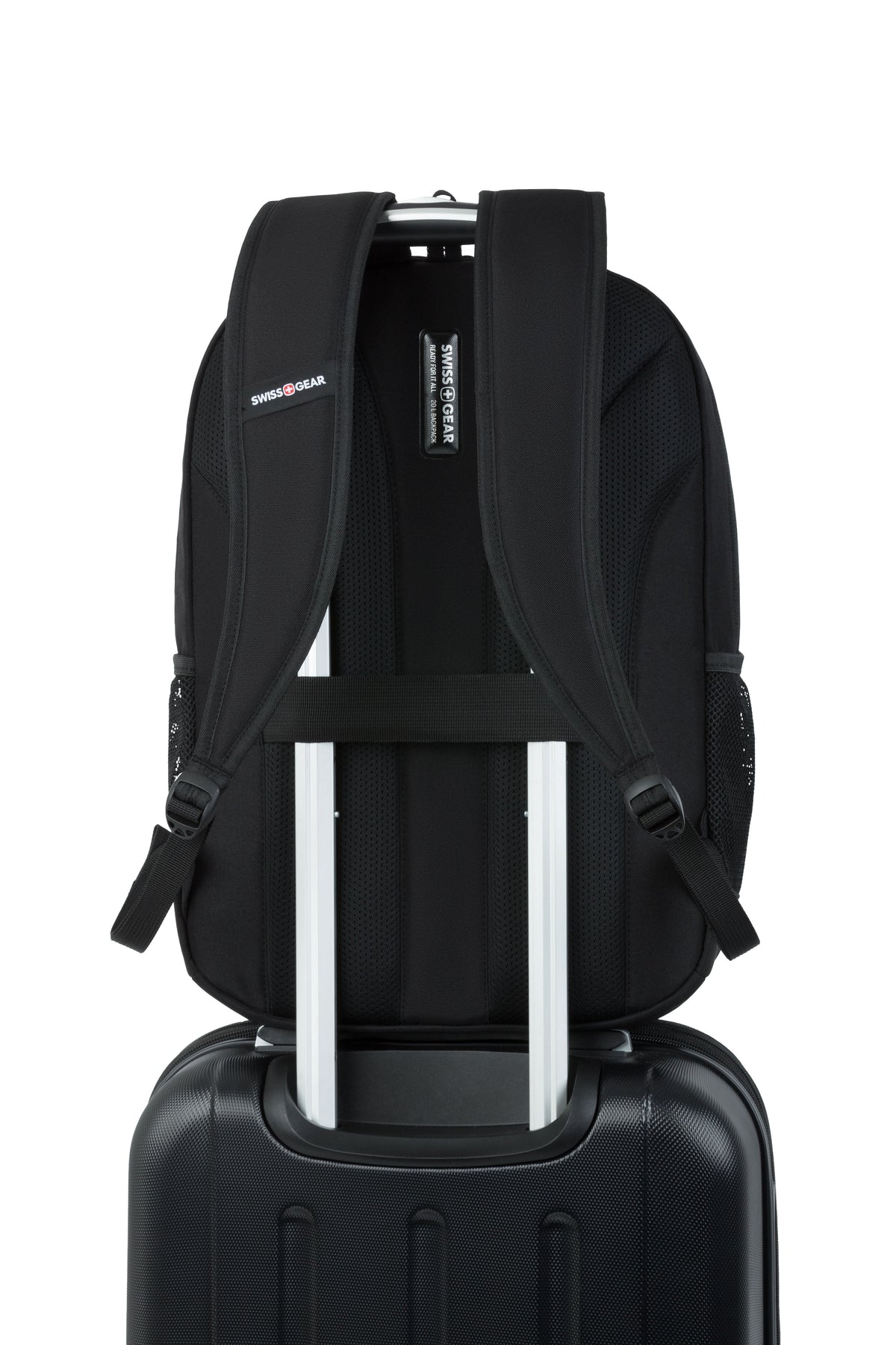 SWISSGEAR 1039 16 inch Laptop Backpack - Black Add-a-bag trolley strap easily glides over most telescopic carry-on handles for hands-free carrying.