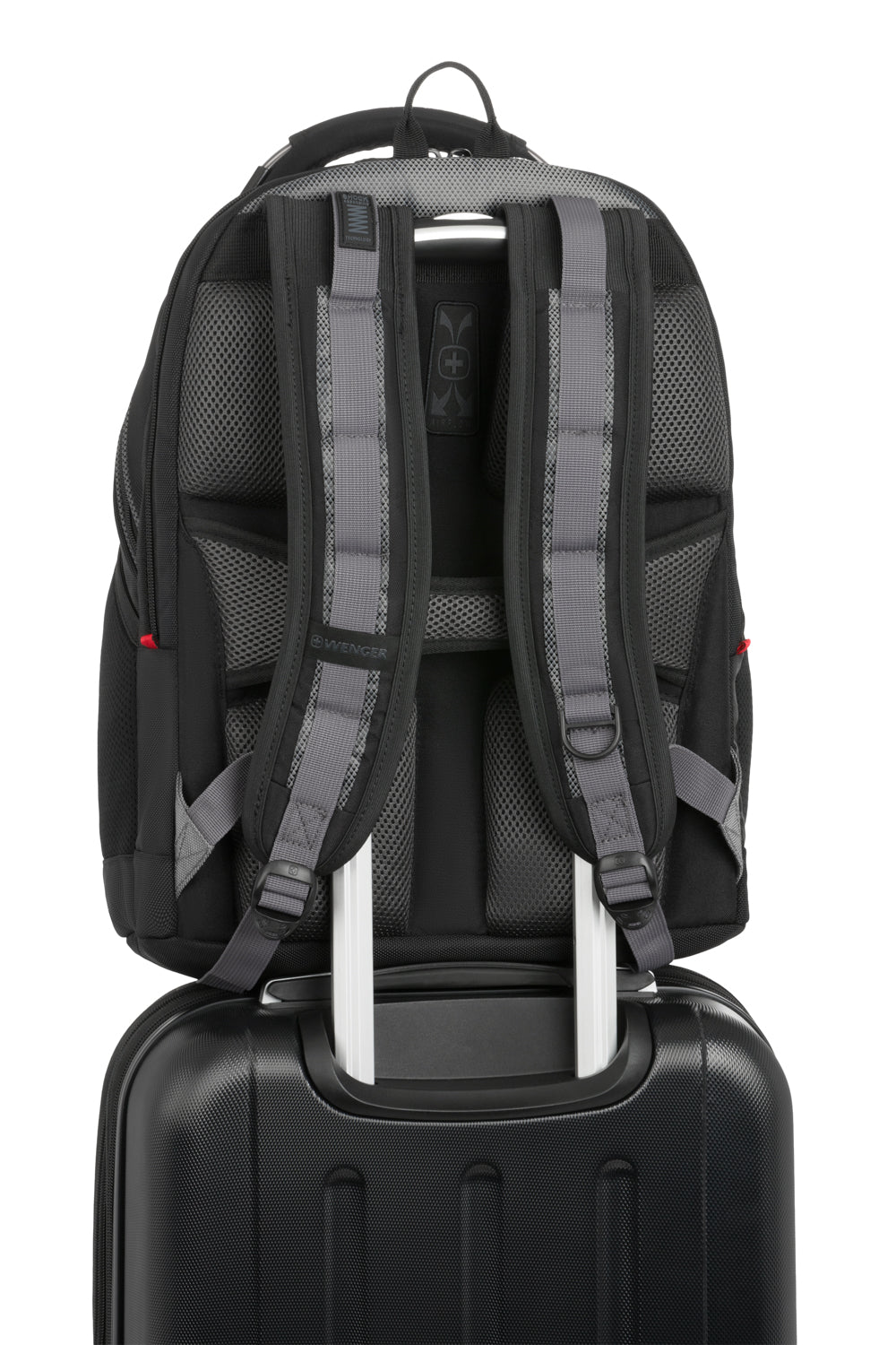 Wenger Synergy 16 inch Laptop Backpack - Black/Gray Pass-Thru trolley sleeve slides over the handle of wheeled luggage for easy travel with multiple bags