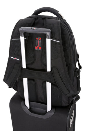 Swissgear 2769 ScanSmart Laptop Backpack Add-a-bag panel fits over the extension handle of rolling luggage for secure stacking