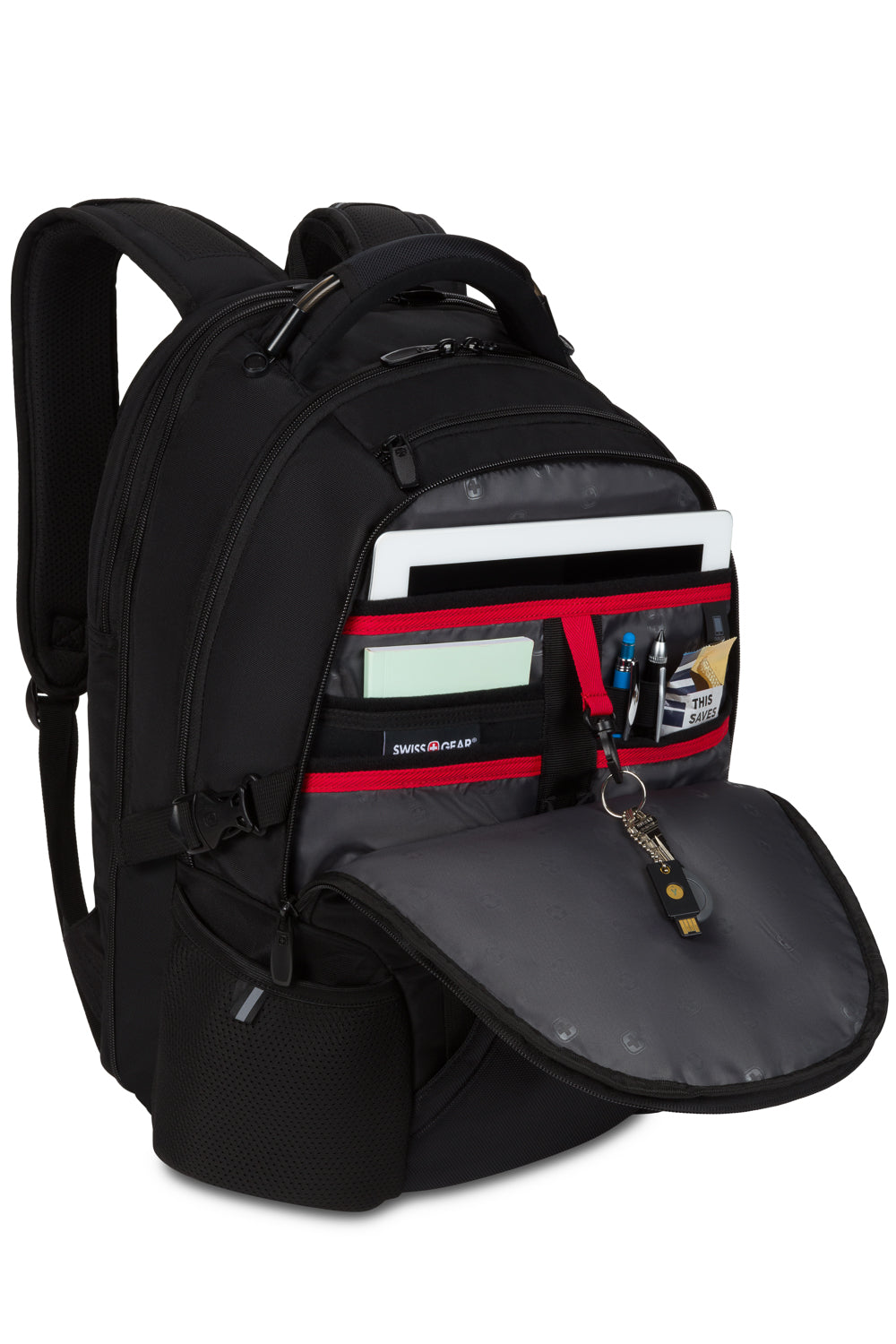 Swissgear 3760 ScanSmart Laptop Backpack Organizer compartment with tablet pocket, key/fob clip and multiple divider pockets for pens, mobile phone, ID card and memory stick