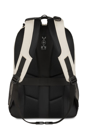 SWISSGEAR 5505 Laptop Backpack - Special Edition - Cream/Black Ergonomically contoured, padded shoulder straps with breathable mesh fabric, thumb ring adjuster pulls and D-ring buckle to attach gear to