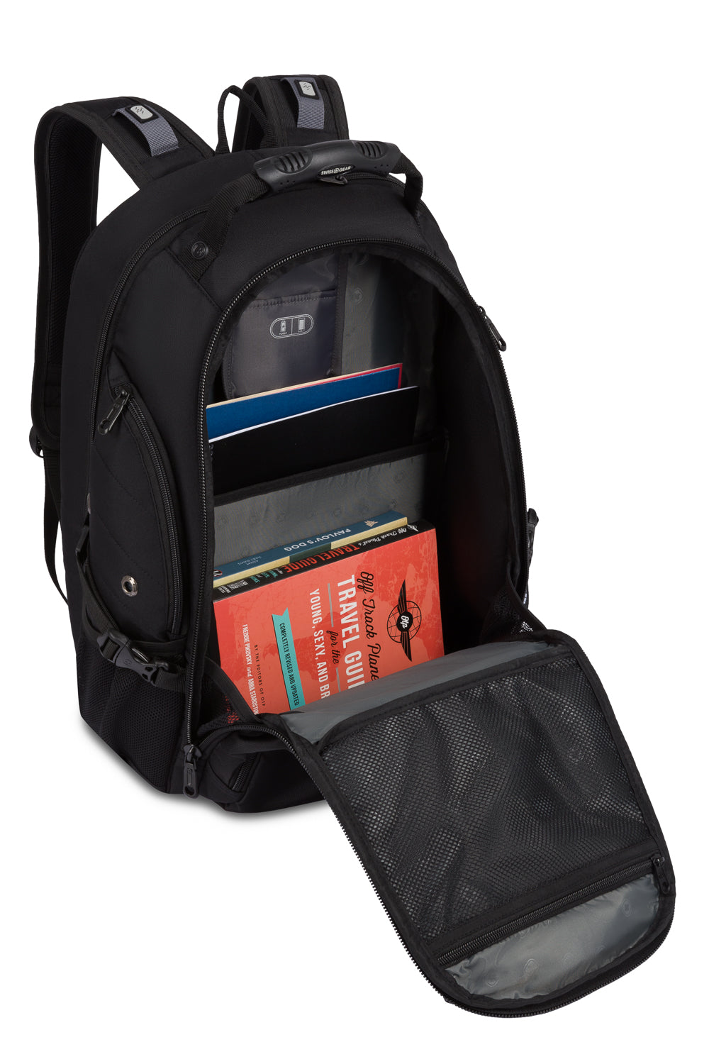 Swissgear 5977 ScanSmart Laptop Backpack - Black/Black - Large main compartment with accordion file holder and mesh zip pocket 