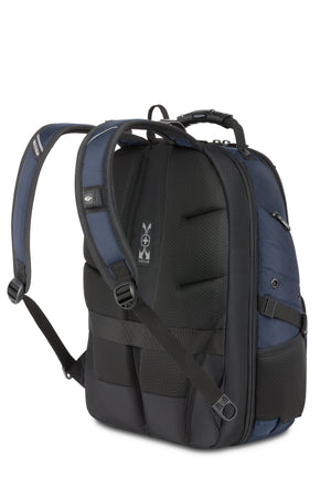 SWISSGEAR 5977 ScanSmart Laptop Backpack - Navy Ergonomically contoured, padded shoulder straps with breathable mesh fabric, sunglasses hook, reflective tabs, thumb-ring adjusters, and built-in suspension