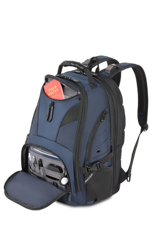 SWISSGEAR 5977 ScanSmart Laptop Backpack - Navy Exterior organizer zip compartment with key fob clip and divider pockets for ID, pens, pencils, and travel essentials