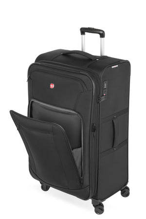 SWISSGEAR 7070 Large Expandable Spinner A trio of zippered front pockets, including a deep gusseted pocket, plus a handy 'ticket' pocket' allow you to stay organized on the go