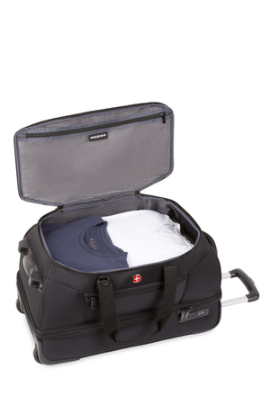 SWISSGEAR Zurich Wheeled 48L Duffel Bag - Black with Large main compartment with zippered mesh flat packing pocket