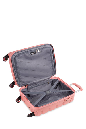 SWISSGEAR Signature 18 inch Expandable Carry On Hardside Spinner Luggage - Coral Almond Split case construct opens into zippered compartment and tie-down clothing straps for added protection
