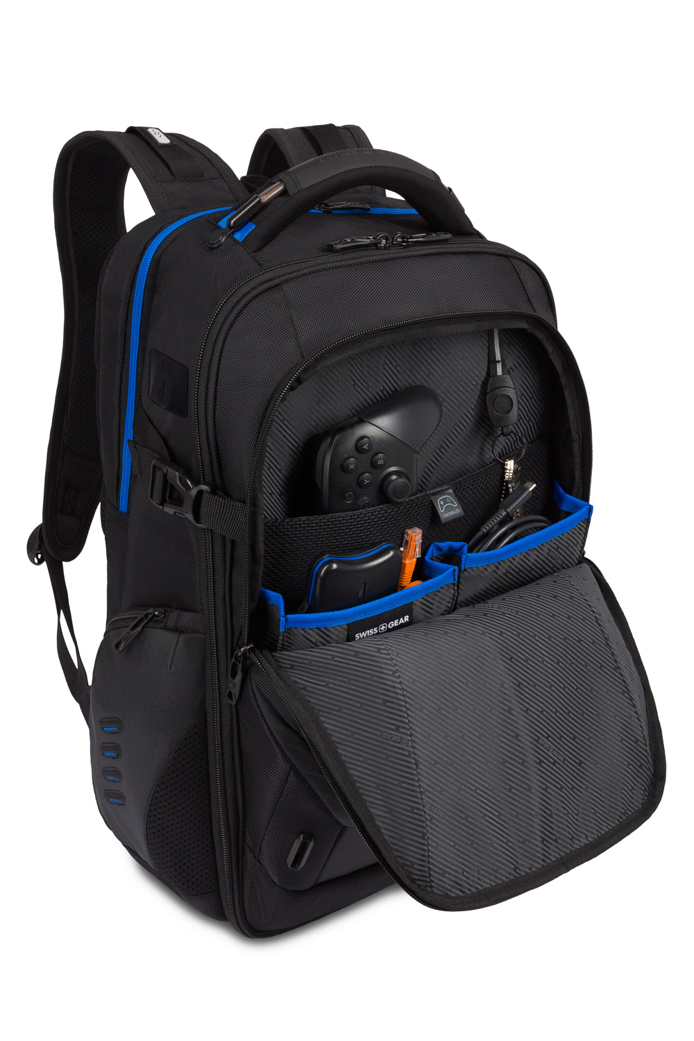 SWISSGEAR 8120 USB Gaming Laptop Backpack - Black - game Controller or hand-held console pocket and mesh pockets for cables 