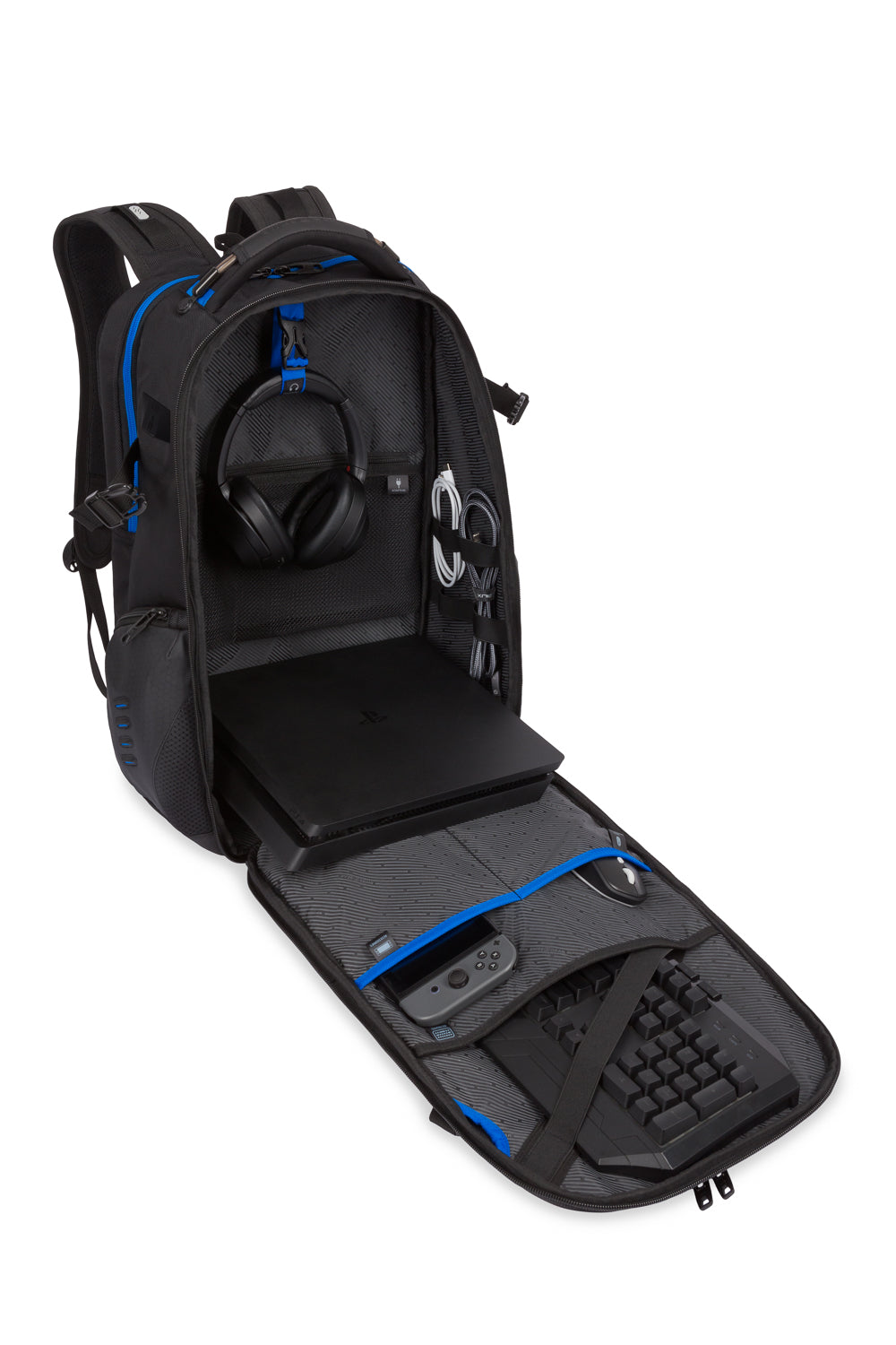 SWISSGEAR 8120 USB Gaming Laptop Backpack - Black Keyboard pocket with secure strap with headphone strap and place for a full-size gaming console