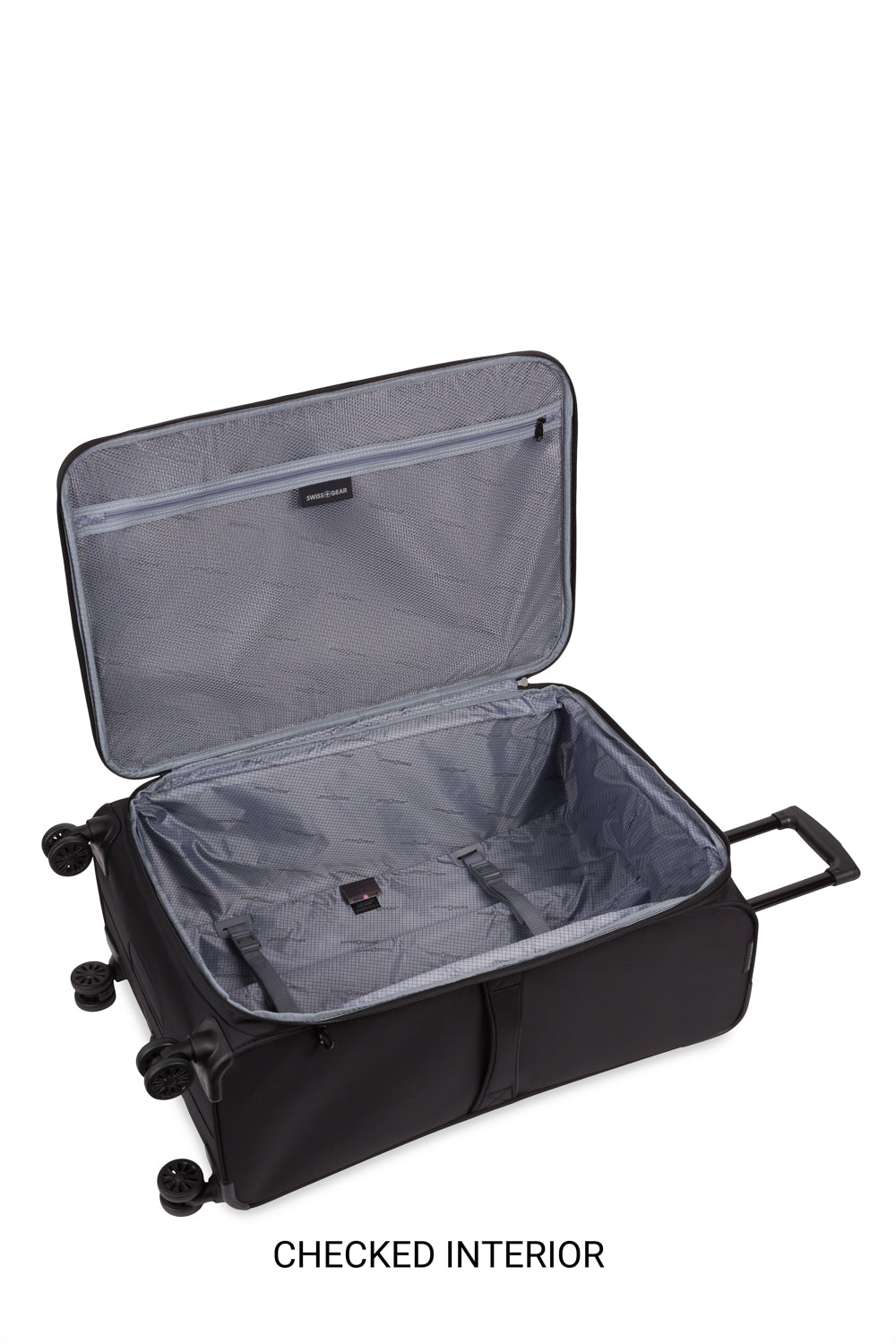 SWISSGEAR 36400 Expandable 3pc Spinner Luggage Set - Black -interior of checked luggage lined with adjustable, web tie-down straps