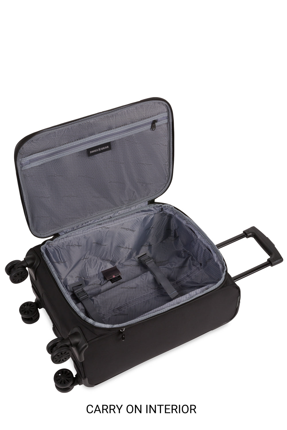SWISSGEAR 36400 Expandable 3pc Spinner Luggage Set - Black -interior of carry-on luggage lined with adjustable, web tie-down straps