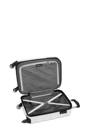 SWISSGEAR Signature 19 inch Expandable Carry On Hardside Spinner Luggage - White Split case construct opens into zippered compartment and tie-down clothing straps for added protection