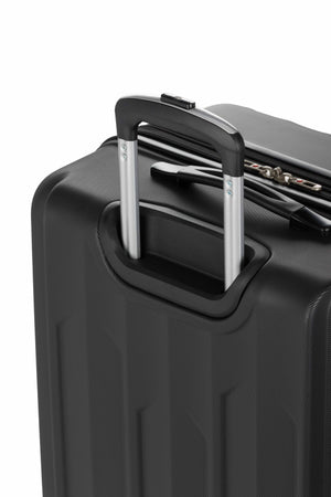 SWISSGEAR Chrome Expandable 3 Piece Hardside Spinner Luggage Set - Black Premium, push-button steel locking telescopic handle for easy pushing or pulling of luggage