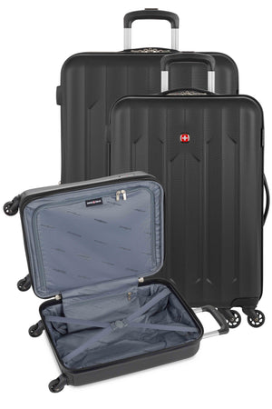 SWISSGEAR Chrome Expandable 3 Piece Hardside Spinner Luggage Set - Black Set contains the 18” Expandable Carry-On Hardside Luggage a 23” Expandable Hardside Luggage and a 27