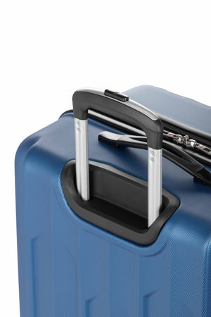 SWISSGEAR Chrome Expandable 3 Piece Hardside Spinner Luggage Set - Blue Premium, push-button steel locking telescopic handle for easy pushing or pulling of luggage