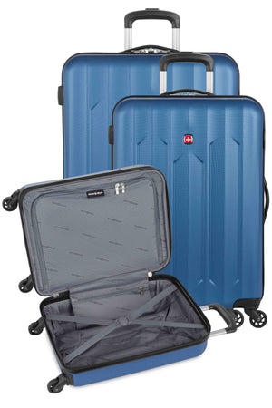 SWISSGEAR Chrome Expandable 3 Piece Hardside Spinner Luggage Set - Blue Set contains the 18” Expandable Carry-On Hardside Luggage a 23” Expandable Hardside Luggage and a 27