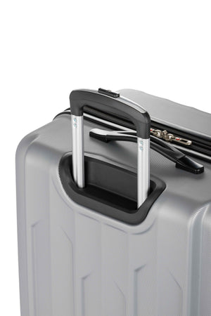 SWISSGEAR Chrome Expandable 3 Piece Hardside Spinner Luggage Set - Silver Premium, push-button steel locking telescopic handle for easy pushing or pulling of luggage
