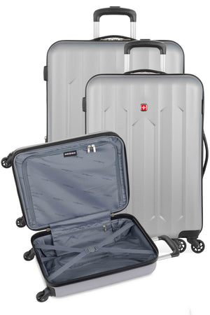 SWISSGEAR Chrome Expandable 3 Piece Hardside Spinner Luggage Set - Silver Set contains the 18” Expandable Carry-On Hardside Luggage a 23” Expandable Hardside Luggage and a 27