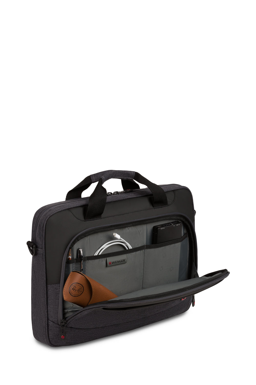 Wenger State 16 inch Slim Briefcase Essentials organizer keeps power cords, chargers, and business cards neat and accessible