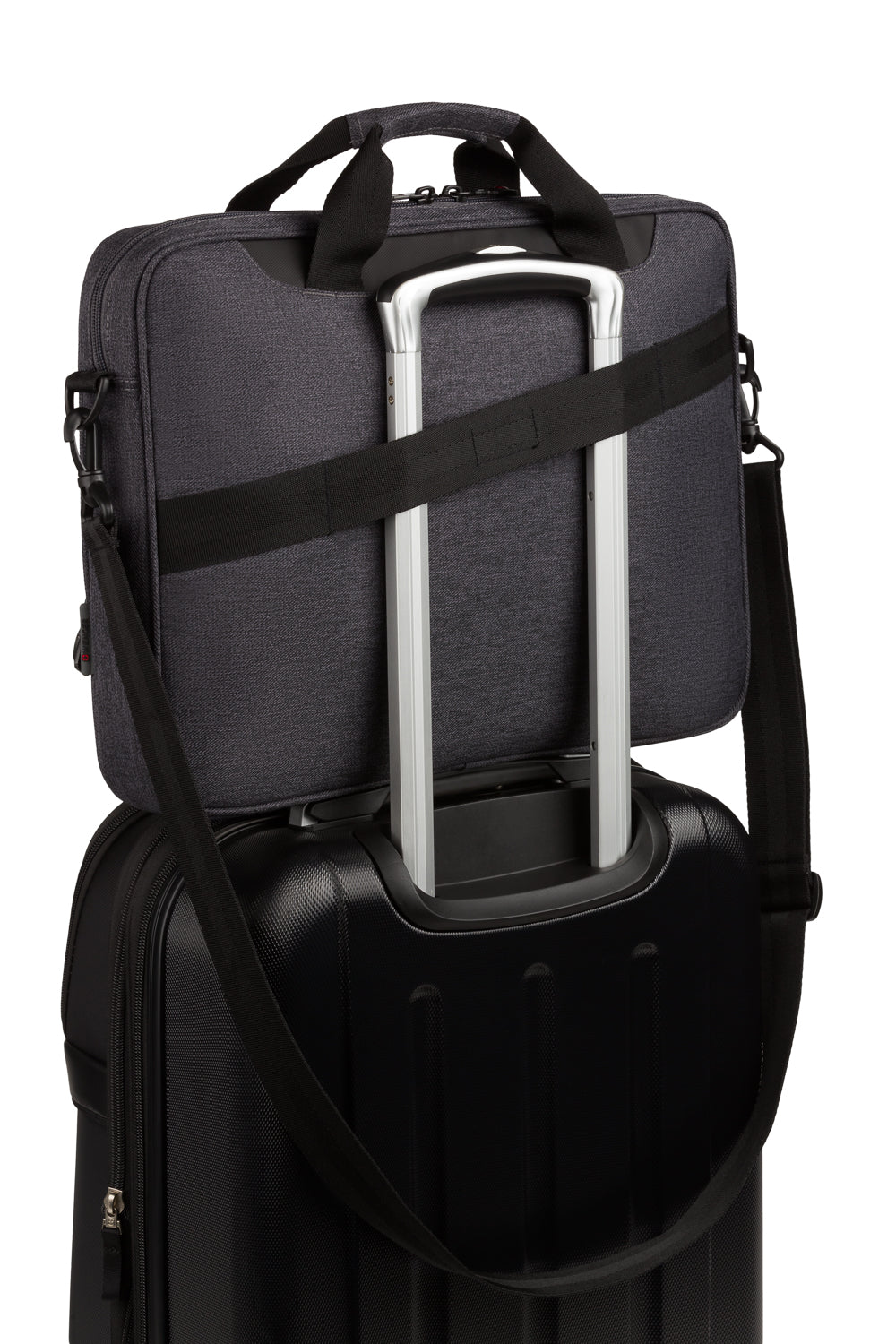 Wenger State 16 inch Slim Briefcase Pass-Thru trolley strap slides over the handle of wheeled luggage for easy travel with multiple bags