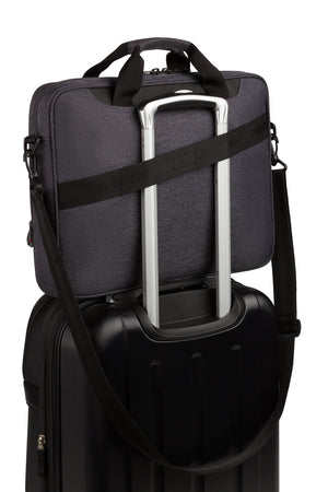 Wenger State 16 inch Slim Briefcase Pass-Thru trolley strap slides over the handle of wheeled luggage for easy travel with multiple bags